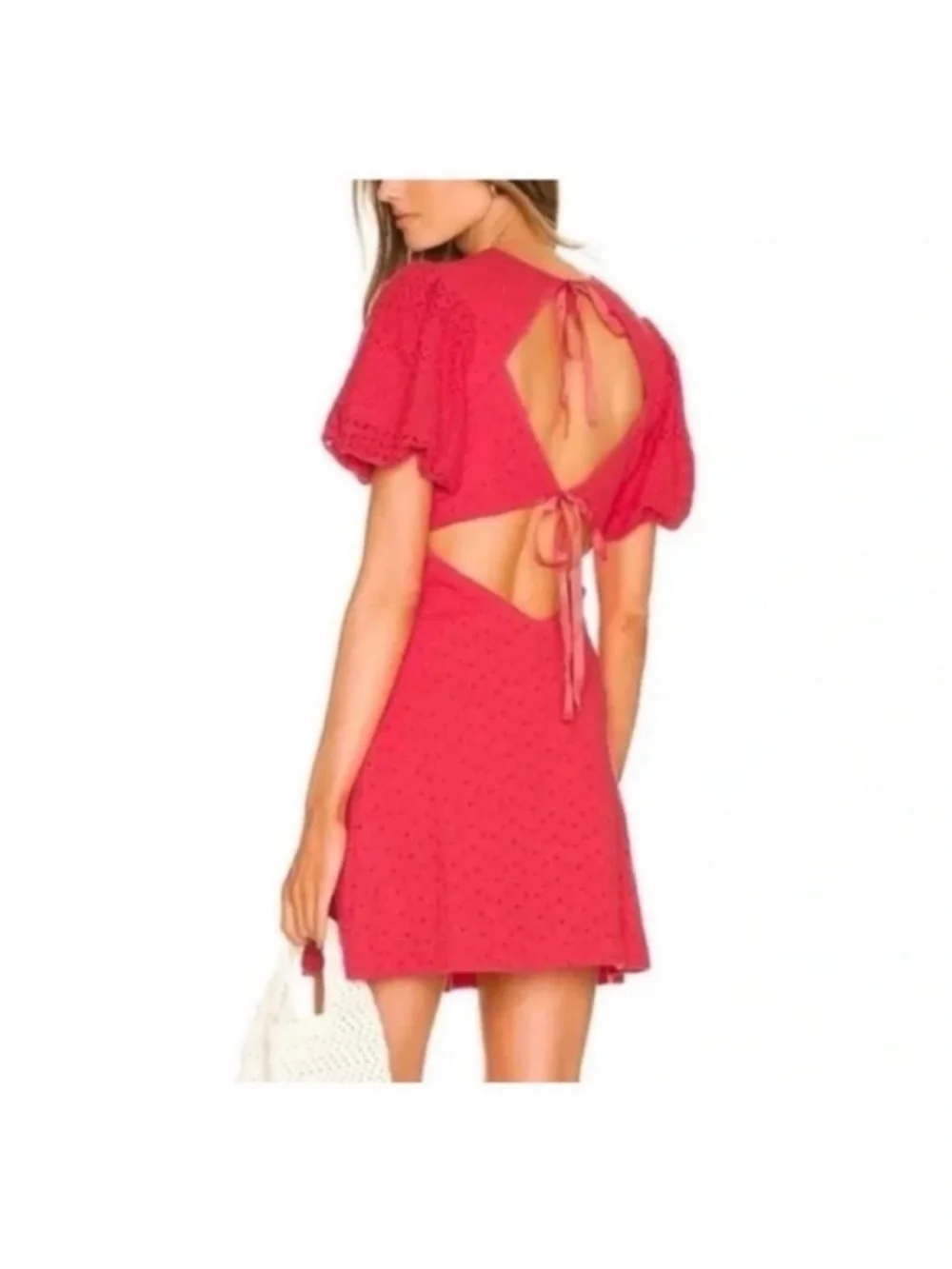 Free people Apricot Rose Eyelet Puff Sleeve Open Back Mini Dress Red